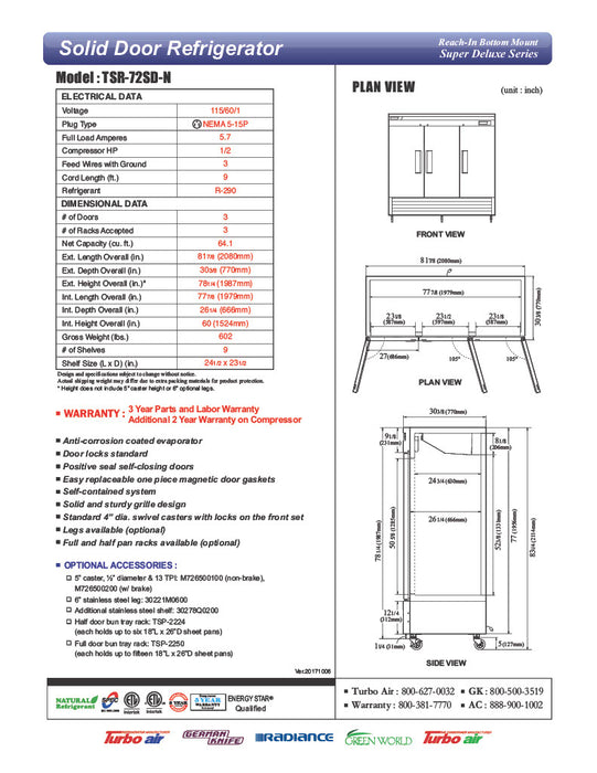 Turbo Air TSR-72SD-N Super Deluxe 82" Bottom Mounted Solid Door Reach-In Refrigerator with LED Lighting - Donut-Supplies.Com