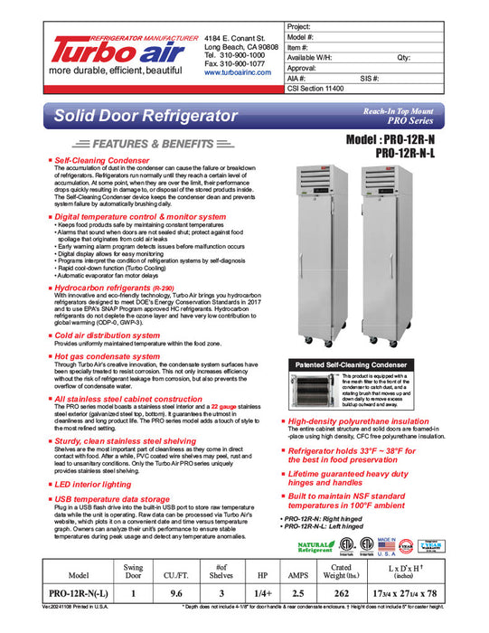 Turbo Air PRO-12R-N(-L) PRO Series Refrigerator Reach-in One-section - Donut-Supplies.Com