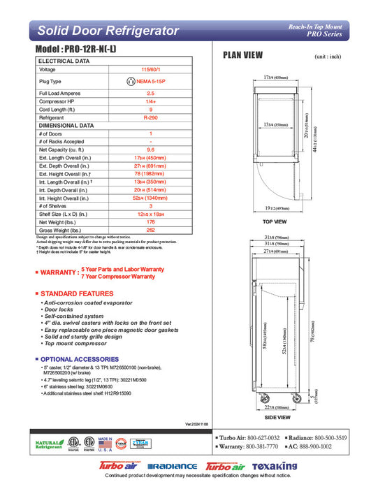Turbo Air PRO-12R-N(-L) PRO Series Refrigerator Reach-in One-section - Donut-Supplies.Com