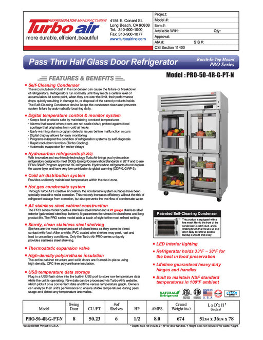 Turbo Air PRO-50-4R-G-PT-N 51 3/4" Two Section Pass Thru Refrigerator, (8) Left/Right Hinge Glass Doors, 115v - Donut-Supplies.Com