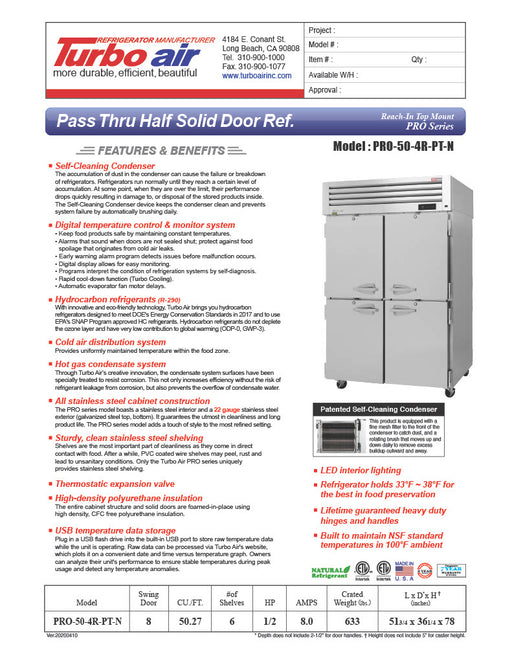 Turbo Air PRO-50-4R-PT-N Pro Series 52" Solid Half Door Pass-Through Refrigerator - Donut-Supplies.Com