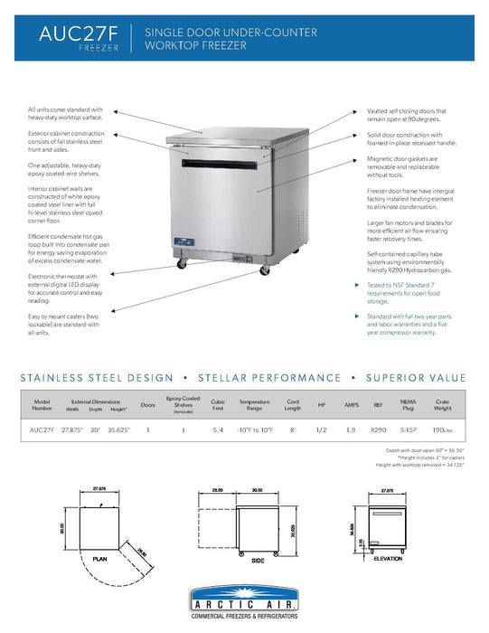 Arctic Air AUC27F 27" Single Door Undercounter Freezer - Donut-Supplies.Com