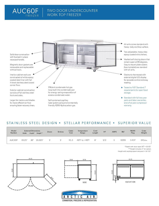 Arctic Air AUC60F 60" Undercounter Freezer - Donut-Supplies.Com