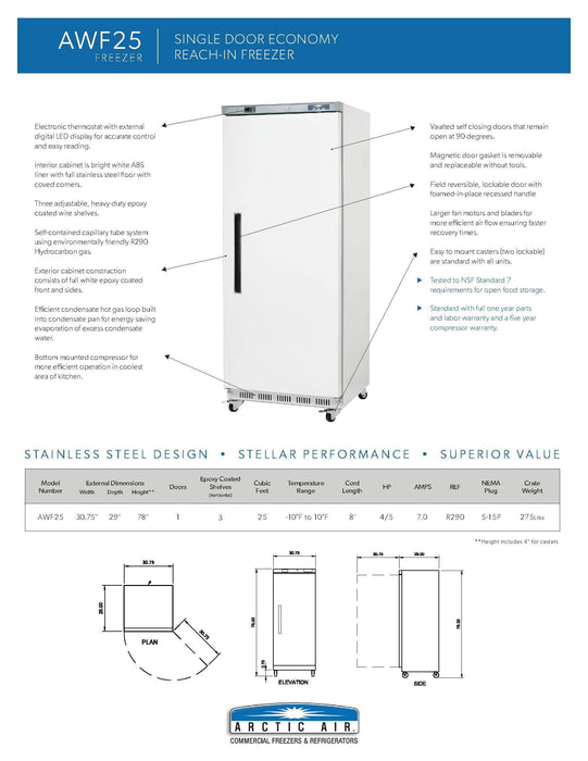 Arctic Air AWF25 White Single Door Reach In Freezer - Donut-Supplies.Com