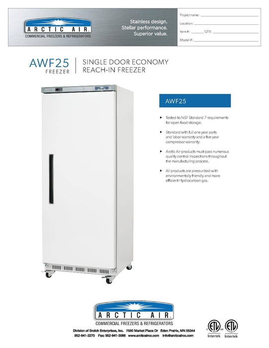 Arctic Air AWF25 White Single Door Reach In Freezer - Donut-Supplies.Com
