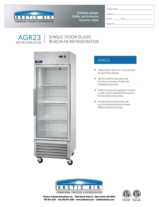 Arctic Air AGR23 27" One Section Glass Door Reach-In Refrigerator - Donut-Supplies.Com