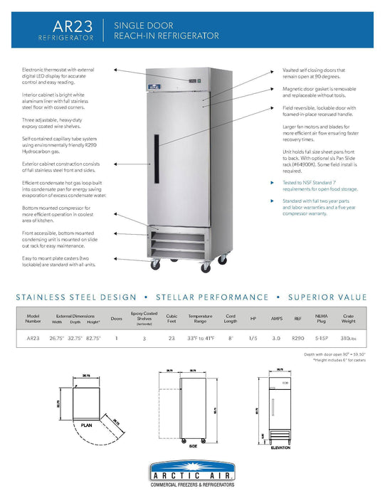 Arctic Air AR23 1 Door Reach-In Refrigerator - Donut-Supplies.Com