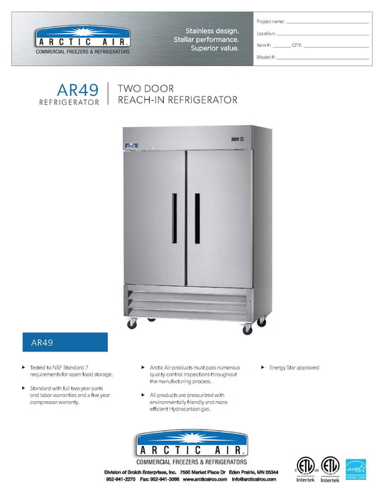 Arctic Air AR49 Two Section Solid Door Reach-in Refrigerator - Donut-Supplies.Com