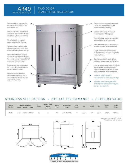 Arctic Air AR49 Two Section Solid Door Reach-in Refrigerator - Donut-Supplies.Com