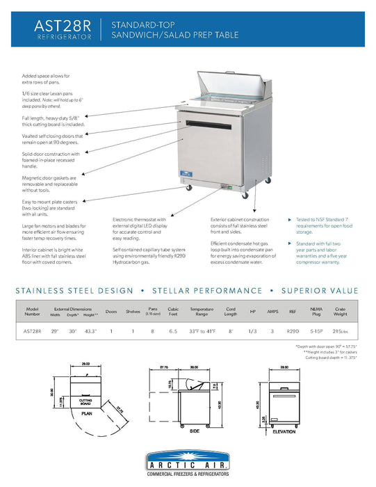 Arctic Air AST28R One Door Sandwich / Salad Prep Refrigerator - Donut-Supplies.Com