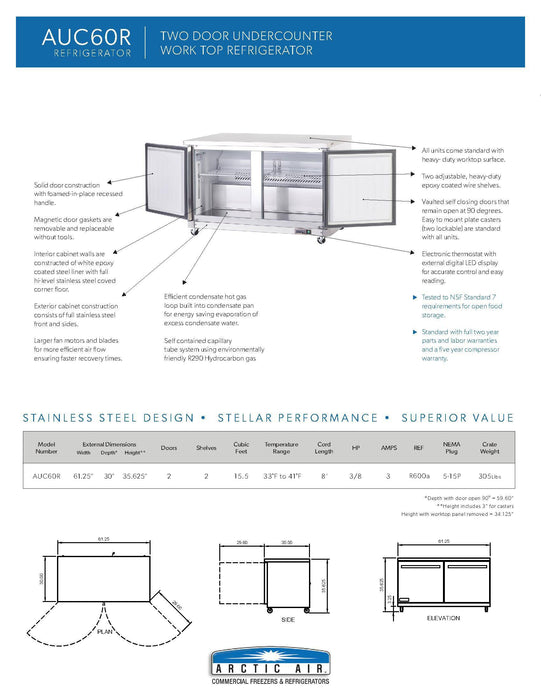 Arctic Air AUC60R 60" Undercounter Refrigerator - Donut-Supplies.Com