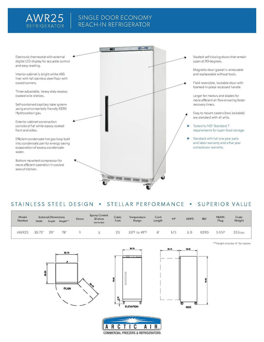 Arctic Air AWR25 White Single Door Reach In Refrigerator - Donut-Supplies.Com