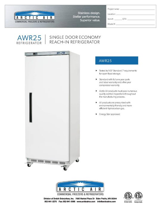 Arctic Air AWR25 White Single Door Reach In Refrigerator - Donut-Supplies.Com