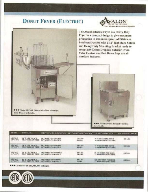 Avalon (ADF26-E-3) 18" X 26" Donut Fryer, Electric (3 phase), Right Side Drain Board with Submerger Screen - Donut-Supplies.Com