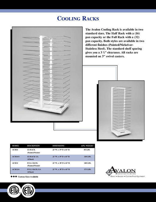 Avalon ACR16-S Stainless Steel Cooling Rack With 16 Slides 1/2 Racks On 3" Casters - Donut-Supplies.Com