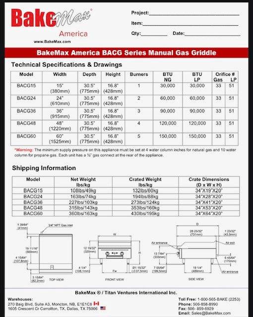 BakeMax America BACG Series Manual Gas Griddle (5 sizes) - Donut-Supplies.Com