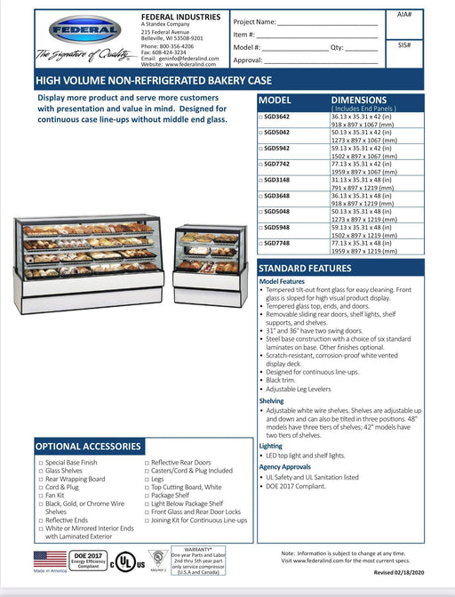 Federal SGD5048 Dry High Volume Series Display Case 50" x 35.31" x 48" - Donut-Supplies.Com