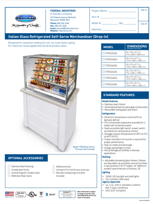 Federal Industries (ITRSS6026)-Italian Series Self Serve Drop-In Refrigerated Open Air Display with Shelves 208-240V - Donut-Supplies.Com