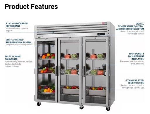 Turbo Air PRO-77R-G-N, 77 3/4" Three Section Reach In Refrigerator, (3) Left/Right Hinge Glass Doors, 115v - Donut-Supplies.Com