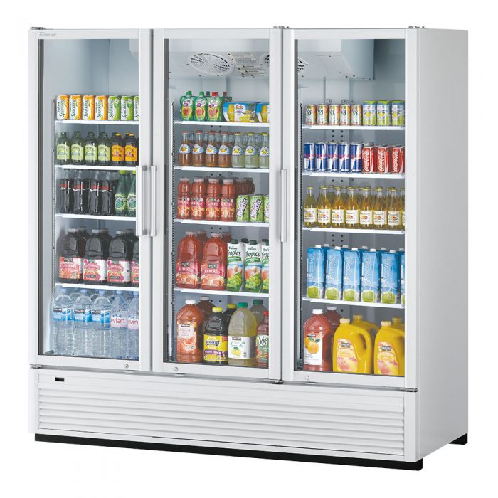 Turbo Air TGM-72SDH-N 78" White Super Deluxe Three Section Glass Door Merchandiser – (3) Left/Right Hinge Doors, 115v - Donut-Supplies.Com