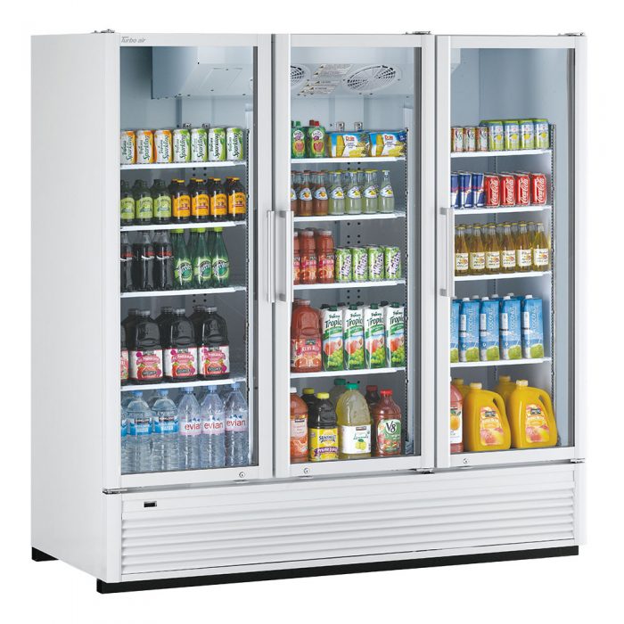 Turbo Air TGM-72SDH-N 78" White Super Deluxe Three Section Glass Door Merchandiser – (3) Left/Right Hinge Doors, 115v - Donut-Supplies.Com