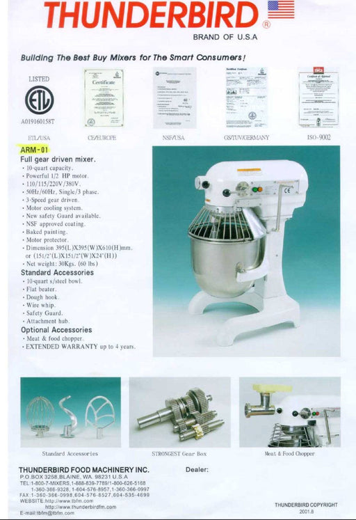 10 Quart Thunderbird Planetary Mixer ARM-01 - Donut-Supplies.Com