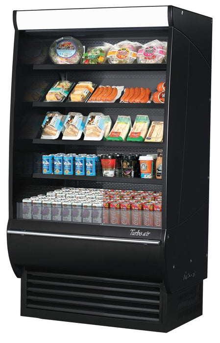 Turbo Air TOM-36DXB-SP-N 36" Black Extra Deep Vertical Open Air Cooler w/ Solid Side Panels, (5) Levels, 115v - Donut-Supplies.Com