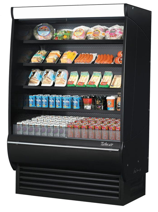 Turbo Air TOM-48DXB-SP-N 48" Black Extra Deep Vertical Open Air Cooler w/ Solid Side Panels, (5) Levels, 115v - Donut-Supplies.Com