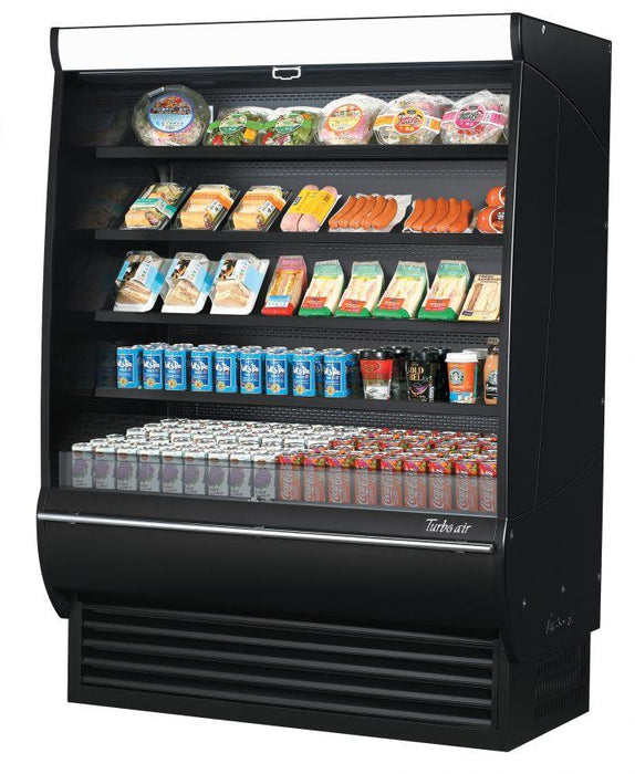 Turbo Air TOM-60DXB-SP-N 60" Black Extra Deep Vertical Open Air Cooler w/ Solid Side Panels, (5) Levels, 115v - Donut-Supplies.Com