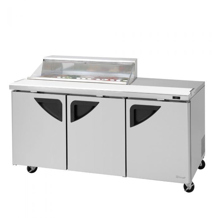 Turbo Air Super Deluxe TST-72SD-12S-N-CL 72" 3 Door Refrigerated Sandwich Prep Table with Clear Lid - Donut-Equipment.com