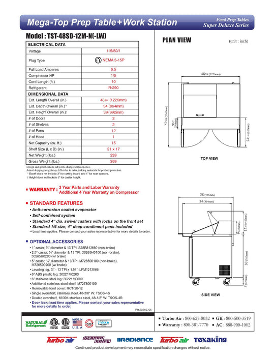 Turbo Air Super Deluxe TST-48SD-12M-N-LW 48" 2 Door Mega Top Refrigerated Sandwich Prep Table with Left Work Station - Donut-Equipment.com