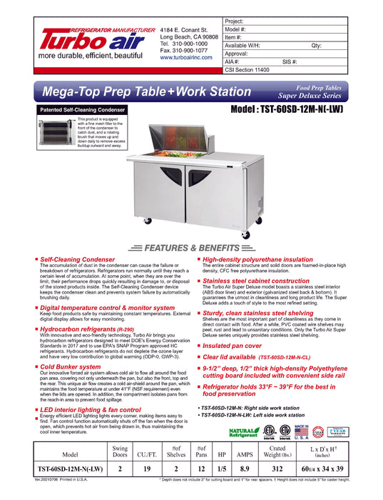 Turbo Air Super Deluxe TST-60SD-12M-N-LW 60" 2 Door Mega Top Refrigerated Sandwich Prep Table with Left Work Station - Donut-Equipment.com