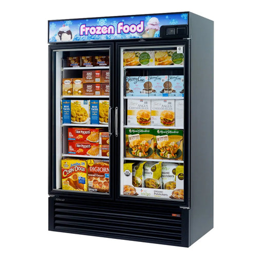 Turbo Air TGF-49FB-N 54 3/8" Two Section Display Freezer w/ Swing Doors - Bottom Mount Compressor, Black, 115v - Donut-Supplies.Com