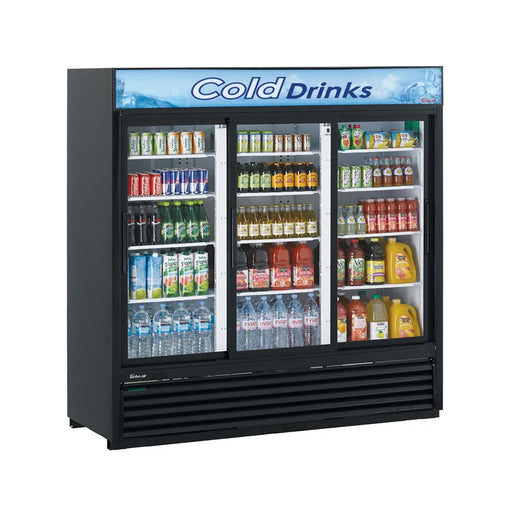 Turbo Air TGM-69RB-N 78" Black Three Section Glass Door Merchandiser Refrigerator – (3) Swing Doors, LED Lighting, 115v - Donut-Supplies.Com