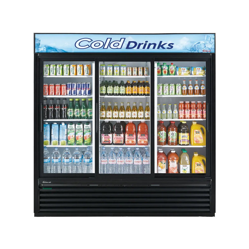 Turbo Air TGM-69RB-N 78" Black Three Section Glass Door Merchandiser Refrigerator – (3) Swing Doors, LED Lighting, 115v - Donut-Equipment.com