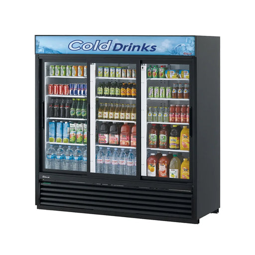 Turbo Air TGM-69RB-N 78" Black Three Section Glass Door Merchandiser Refrigerator – (3) Swing Doors, LED Lighting, 115v - Donut-Supplies.Com