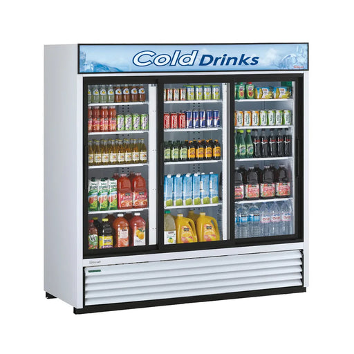 Turbo Air TGM-69R-N 78" White Three Section Glass Door Merchandiser Refrigerator – (3) Swing Doors, LED Lighting, 115v - Donut-Supplies.Com
