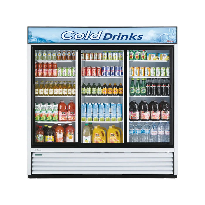Turbo Air TGM-69R-N 78" White Three Section Glass Door Merchandiser Refrigerator – (3) Swing Doors, LED Lighting, 115v - Donut-Supplies.Com