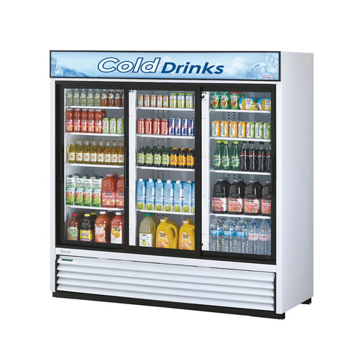 Turbo Air TGM-69R-N 78" White Three Section Glass Door Merchandiser Refrigerator – (3) Swing Doors, LED Lighting, 115v - Donut-Supplies.Com
