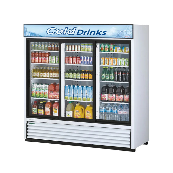 Turbo Air TGM-69R-N 78" White Three Section Glass Door Merchandiser Refrigerator – (3) Swing Doors, LED Lighting, 115v - Donut-Supplies.Com