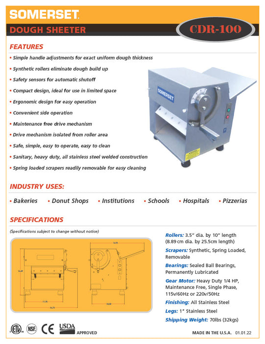 CDR- 100 Dough Sheeter / Single Pass- 10" Rollers