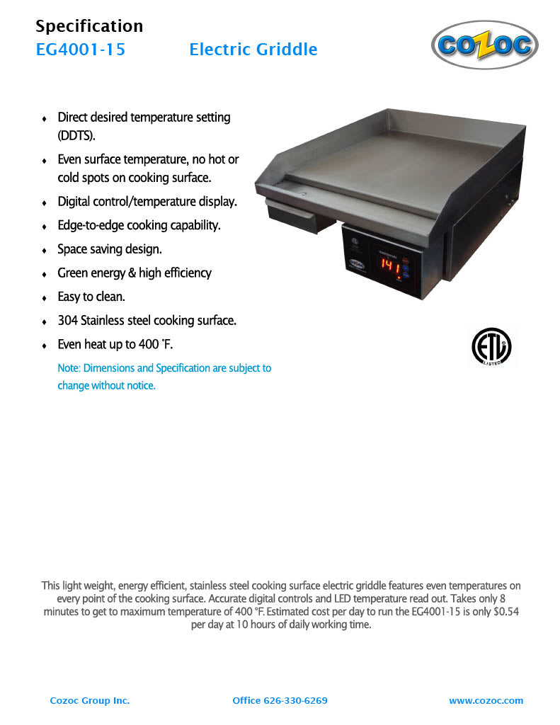 Cozoc Counter Electric Griddle Model EG4001-15 - Donut-Supplies.Com