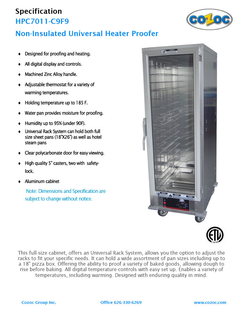 Cozoc HPC7011-C9F9 Heater/Proofer Cabinet, 1500 watts - Donut-Supplies.Com