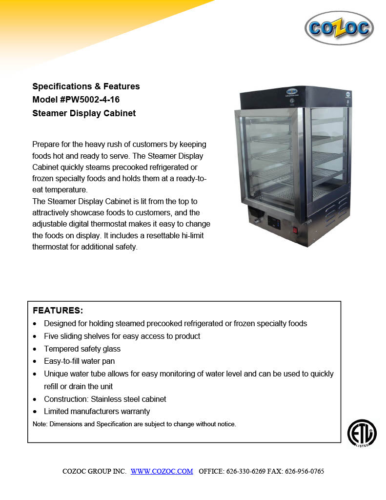 Steamer Heated Merchandiser Cabinet by Cozoc # PW5002-4-16 - Donut-Supplies.Com