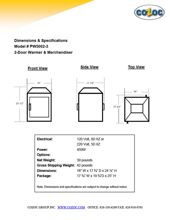 Two Door Warmer and Merchandiser for Cooked Foods Display for Service Counter