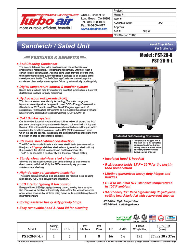Turbo Air PST-28-N (Left or Right Side Hinge) 1 Solid Door Sandwich/Salad Unit Front Breathing Airflow - Donut-Equipment.com