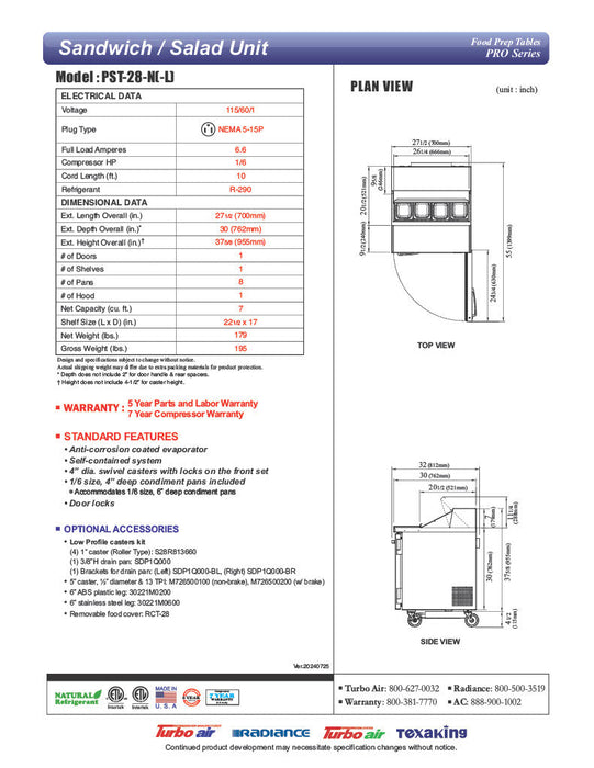 Turbo Air PST-28-N (Left or Right Side Hinge) 1 Solid Door Sandwich/Salad Unit Front Breathing Airflow - Donut-Equipment.com