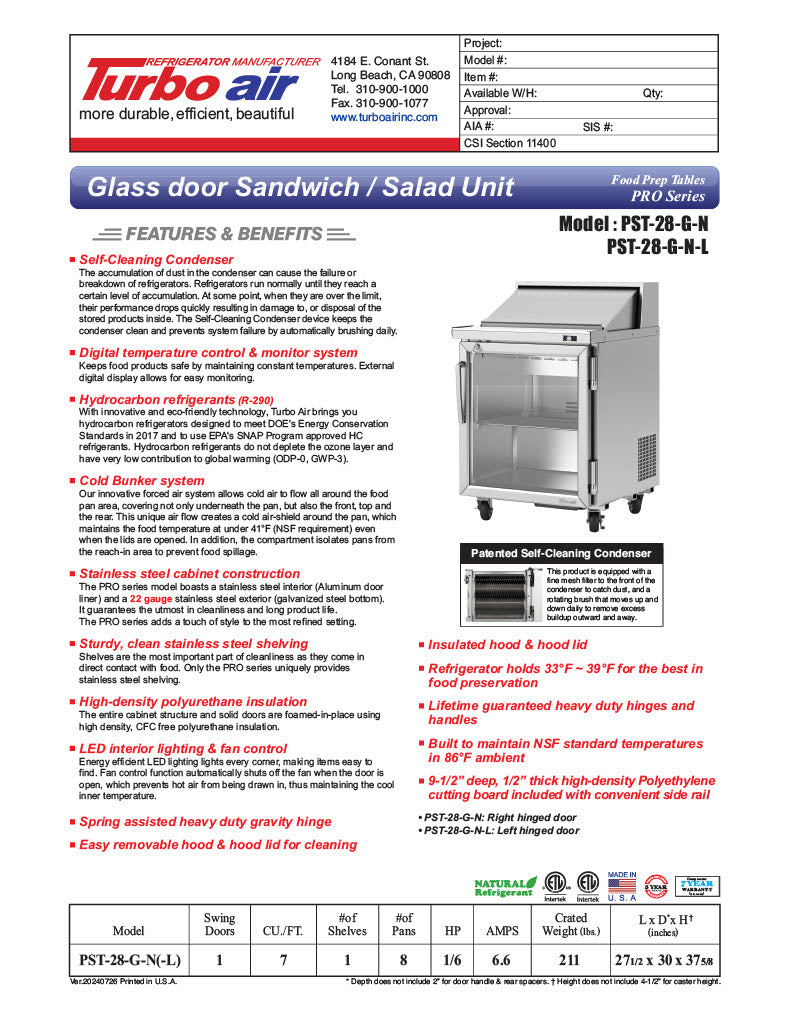 Turbo Air PST-28-G-N 27 1/2" PRO Glass Door Series Sandwich/Salad Prep Table w/ Refrigerated Base - Donut-Equipment.com