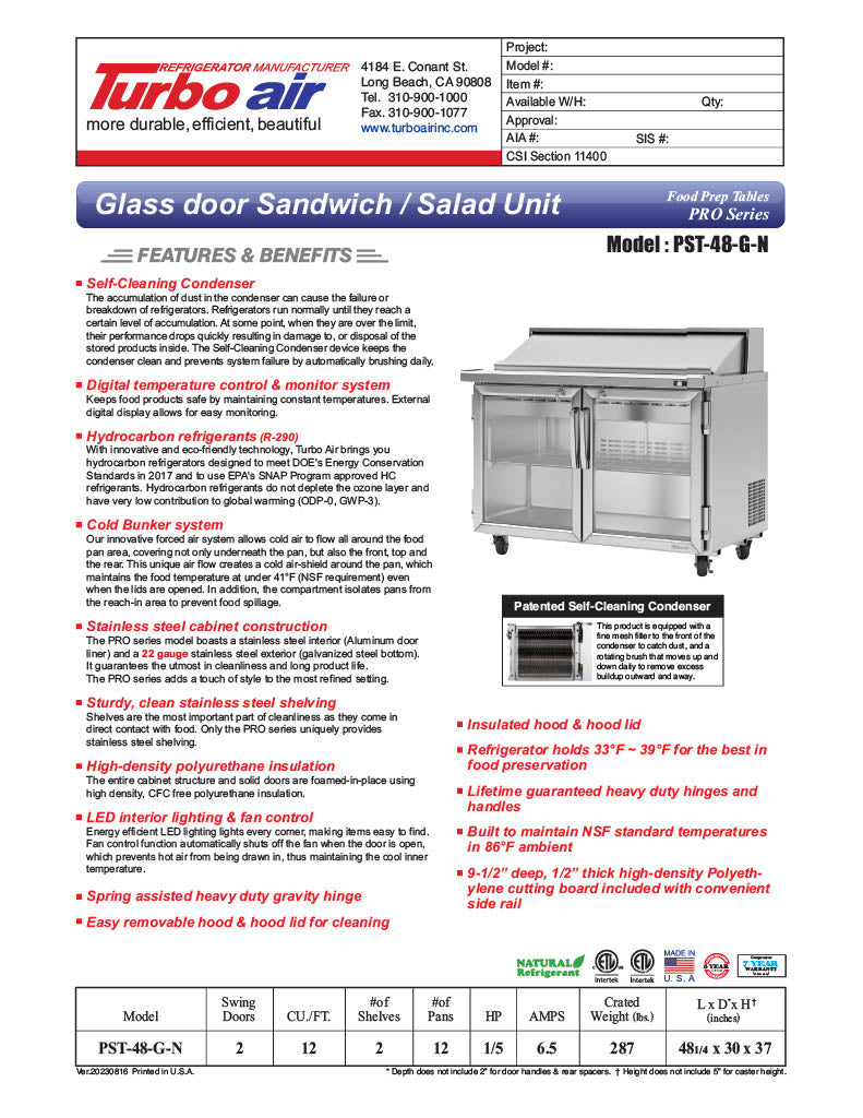 Turbo Air PST-48-G-N 48 1/4" PRO Glass Door Series Sandwich/Salad Prep Table w/ Refrigerated Base - Donut-Equipment.com