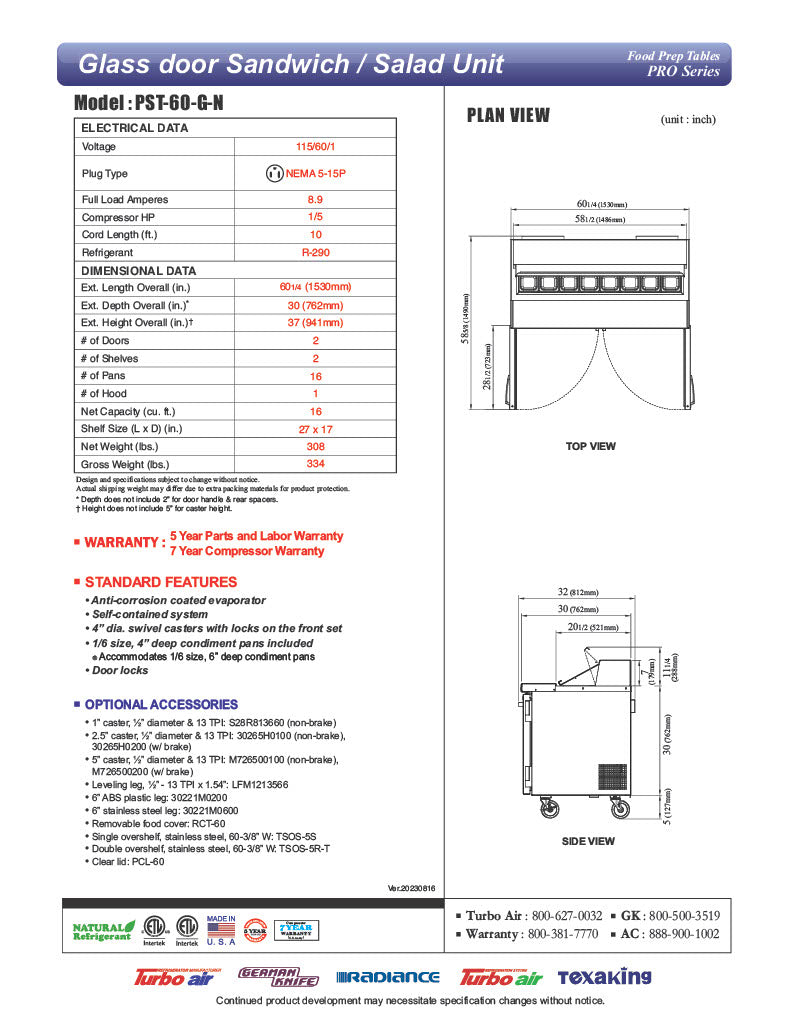 Turbo Air PST-60-G-N 60 1/4" PRO Glass Door Series Sandwich/Salad Prep Table w/ Refrigerated Base - Donut-Equipment.com